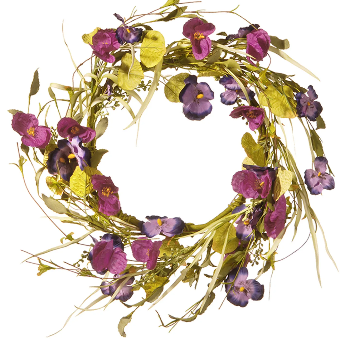 National Tree Company 22 in. Spring Wreath with Purple Pansy and Poppy Flowers, Seed Pods, Leafy Greens
