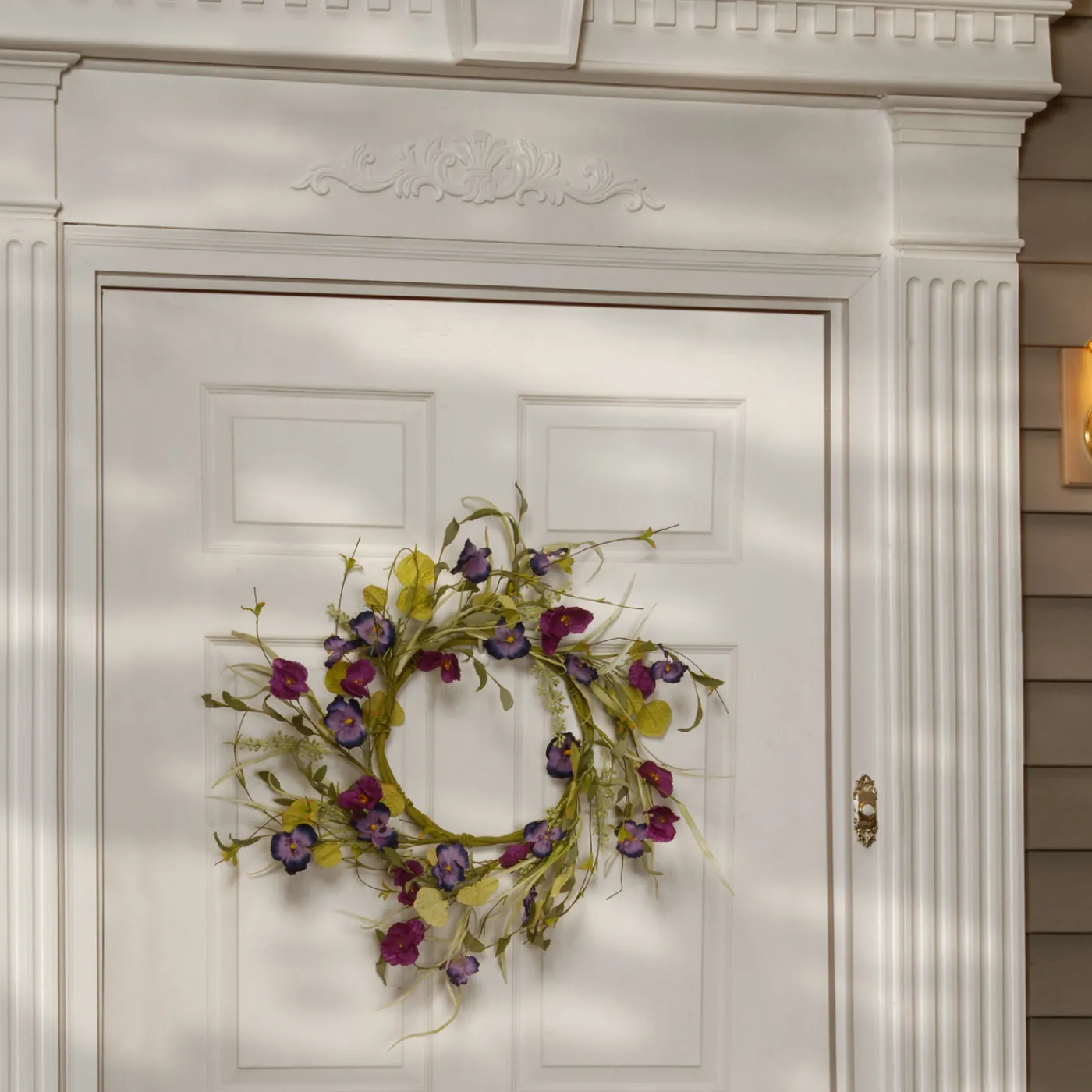 National Tree Company 22 in. Spring Wreath with Purple Pansy and Poppy Flowers, Seed Pods, Leafy Greens