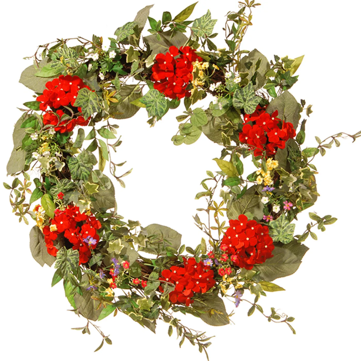 National Tree Company 32 in. Spring Wreath with Red Flower Blooms, Flowing Green Stems