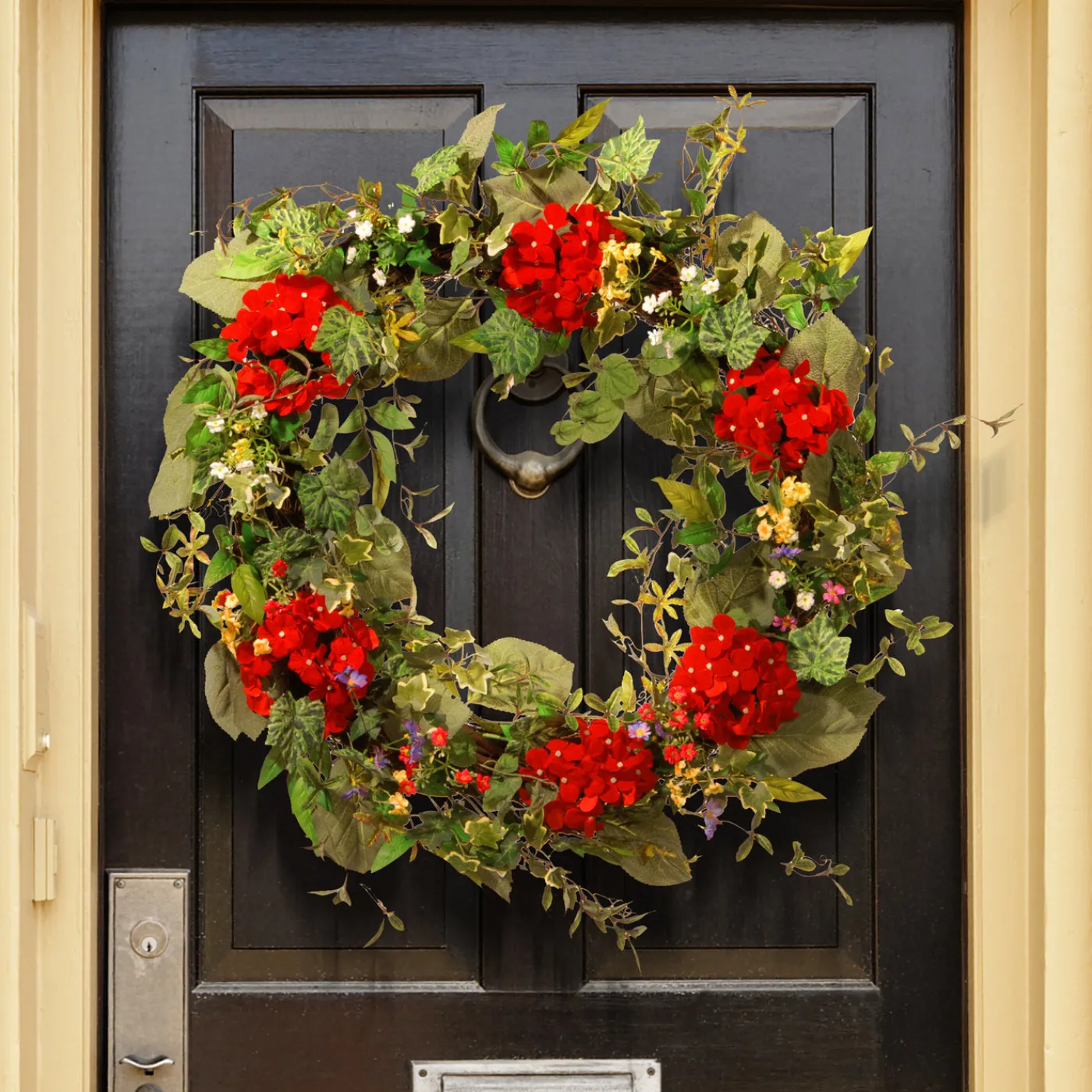 National Tree Company 32 in. Spring Wreath with Red Flower Blooms, Flowing Green Stems