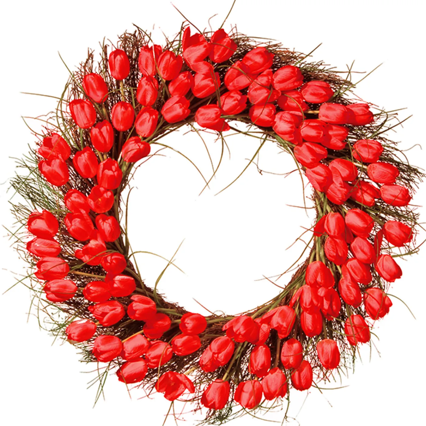 National Tree Company 32 in. Spring Wreath with Red Tulip Blooms, Flowing Green Stems