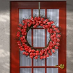 National Tree Company 32 in. Spring Wreath with Red Tulip Blooms, Flowing Green Stems