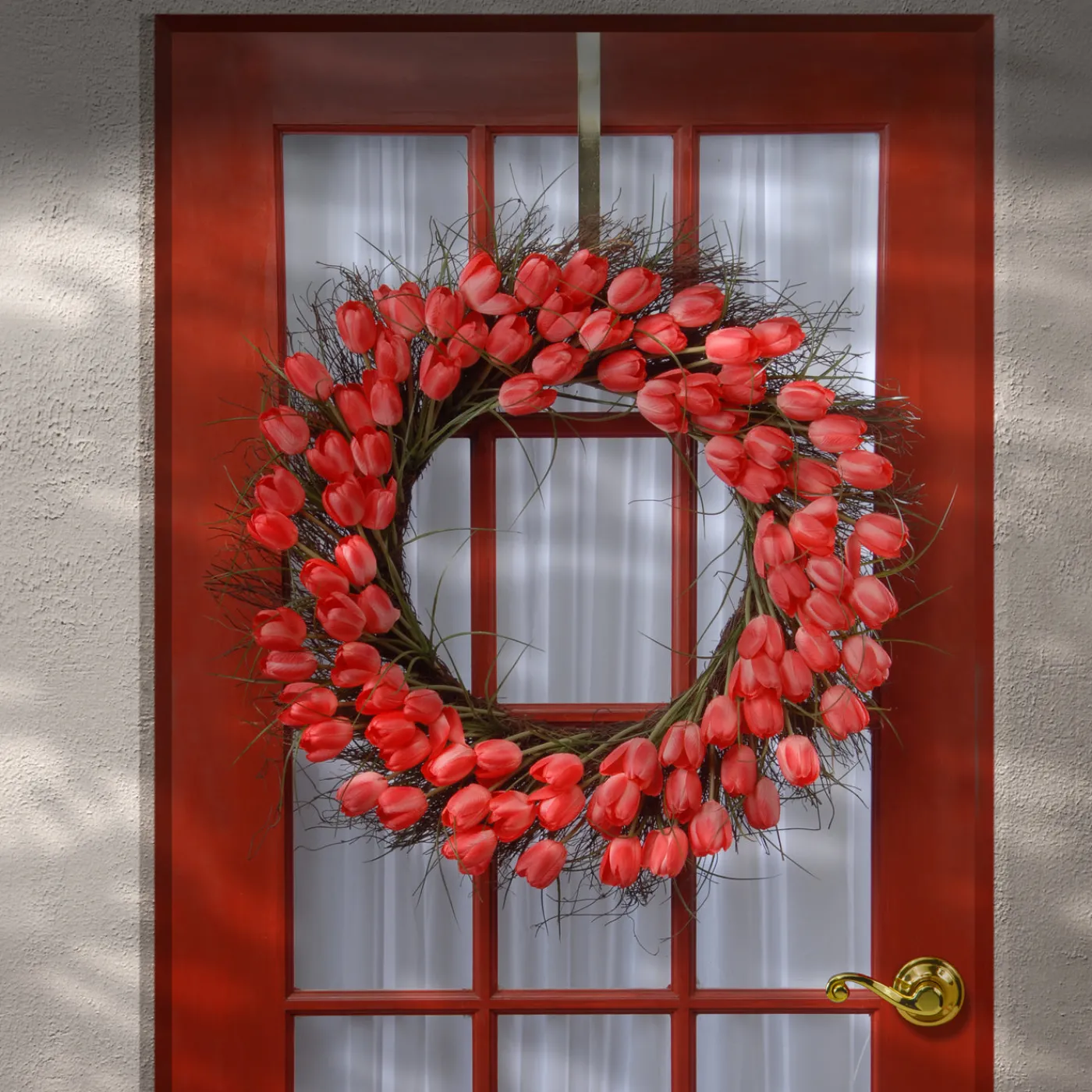 National Tree Company 32 in. Spring Wreath with Red Tulip Blooms, Flowing Green Stems