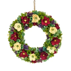 National Tree Company 18 in. Spring Wreath with Red and Cream Assorted Wood Cut Flowers, Flowing Green Leaves