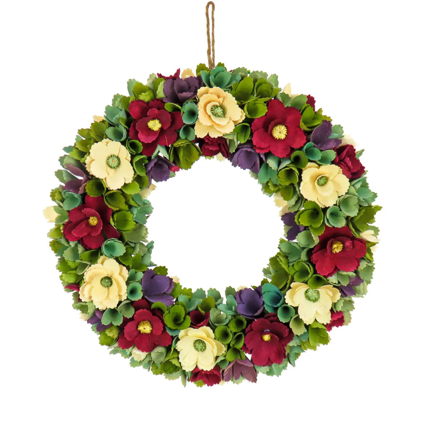 National Tree Company 18 in. Spring Wreath with Red and Cream Assorted Wood Cut Flowers, Flowing Green Leaves