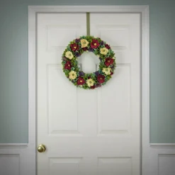 National Tree Company 18 in. Spring Wreath with Red and Cream Assorted Wood Cut Flowers, Flowing Green Leaves
