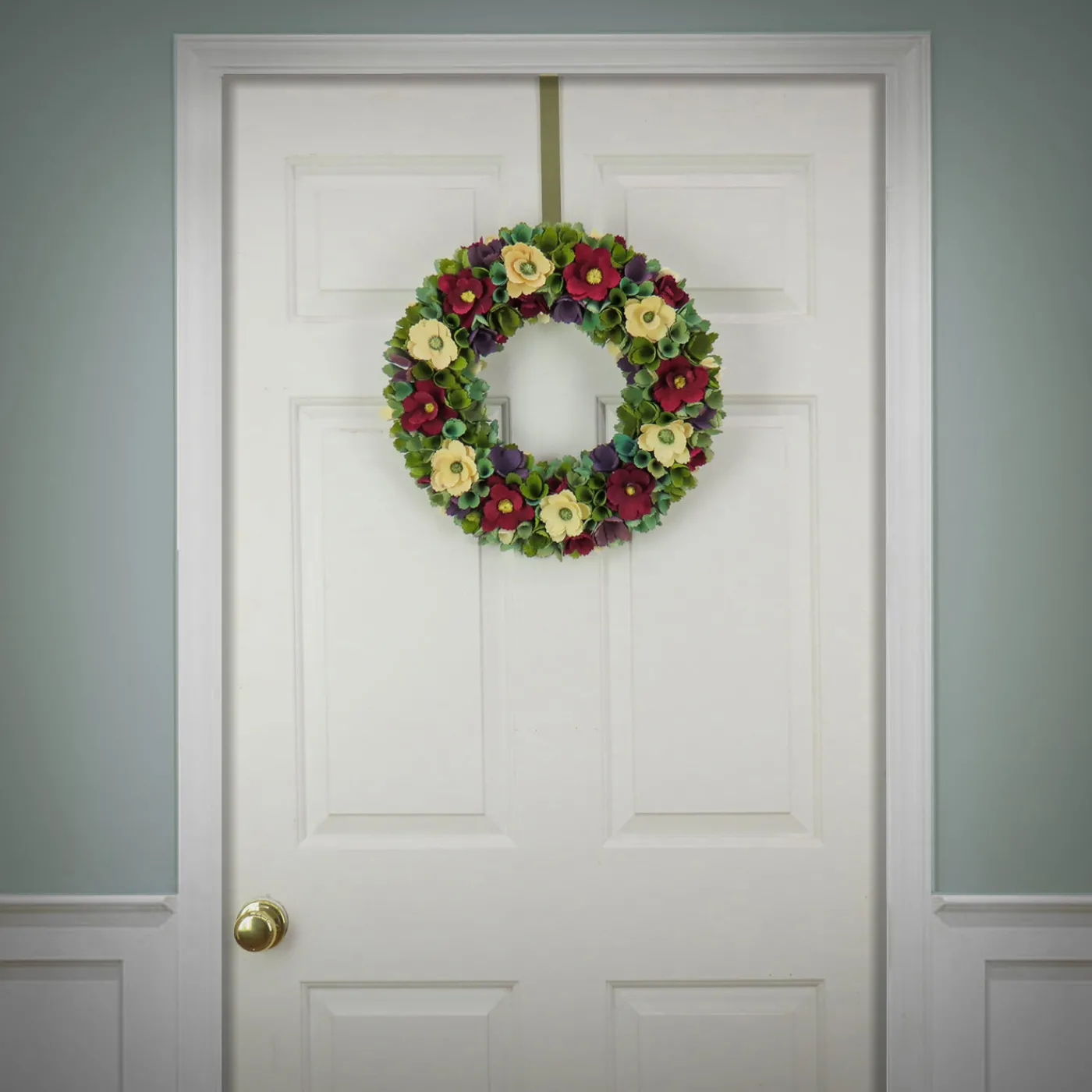 National Tree Company 18 in. Spring Wreath with Red and Cream Assorted Wood Cut Flowers, Flowing Green Leaves