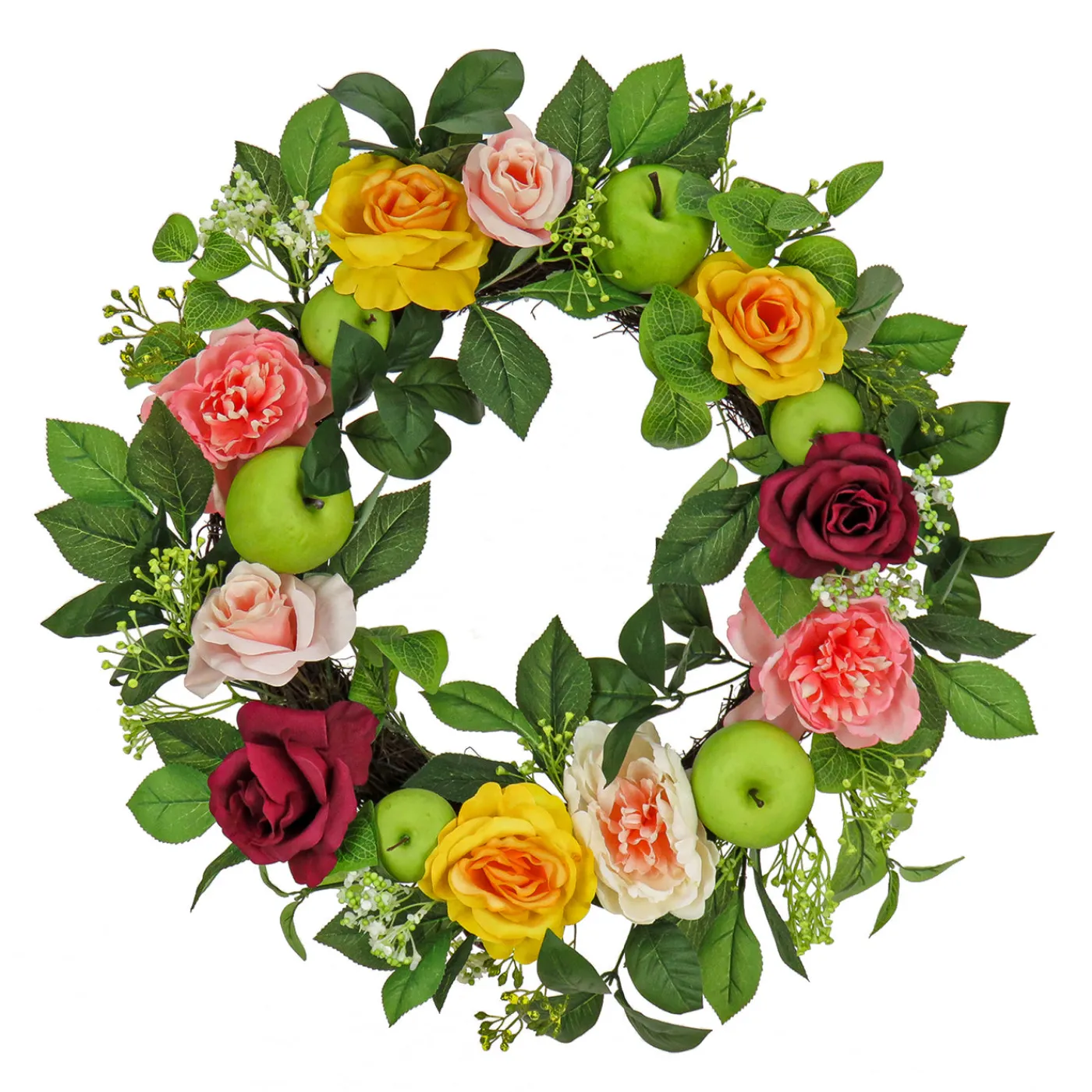 National Tree Company 22 in. Spring Wreath with Rose and Peony Blooms, Apples, Leafy Greens