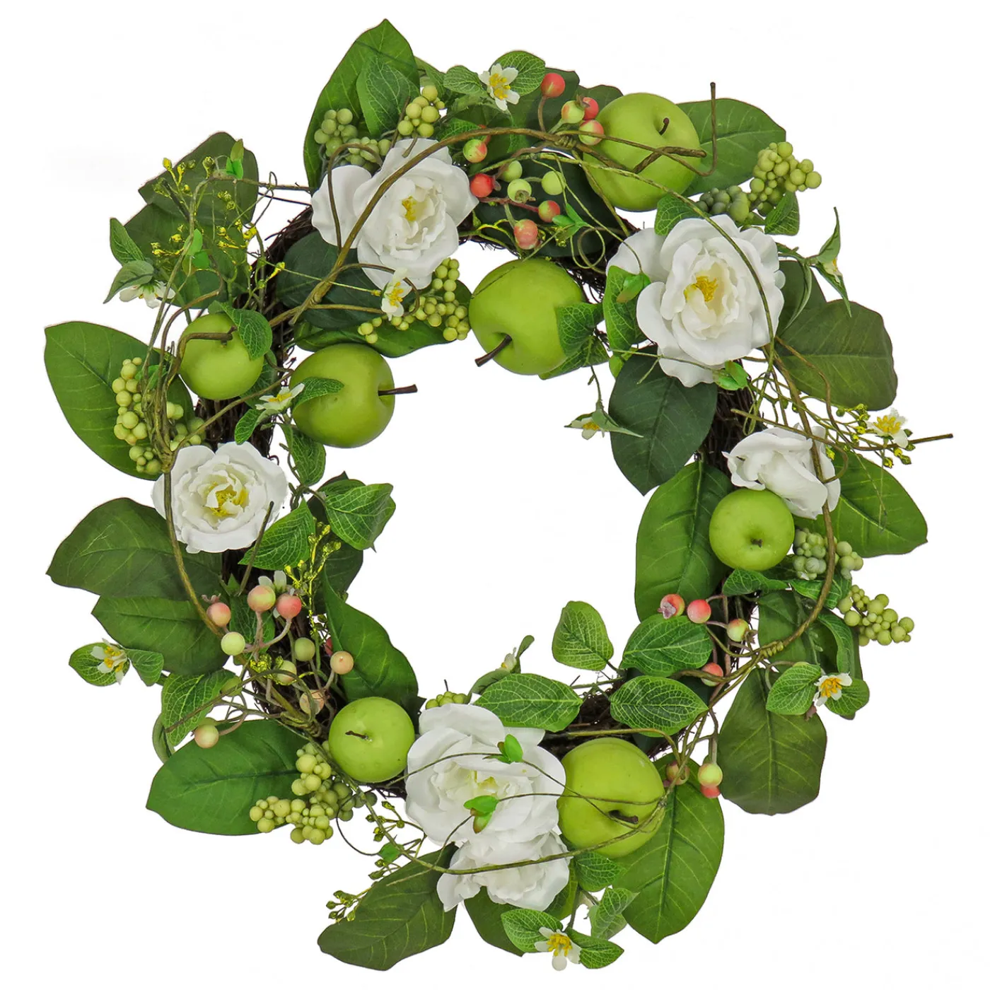 National Tree Company 24 in. Spring Wreath with Rose Blooms, Apples, Leafy Greens