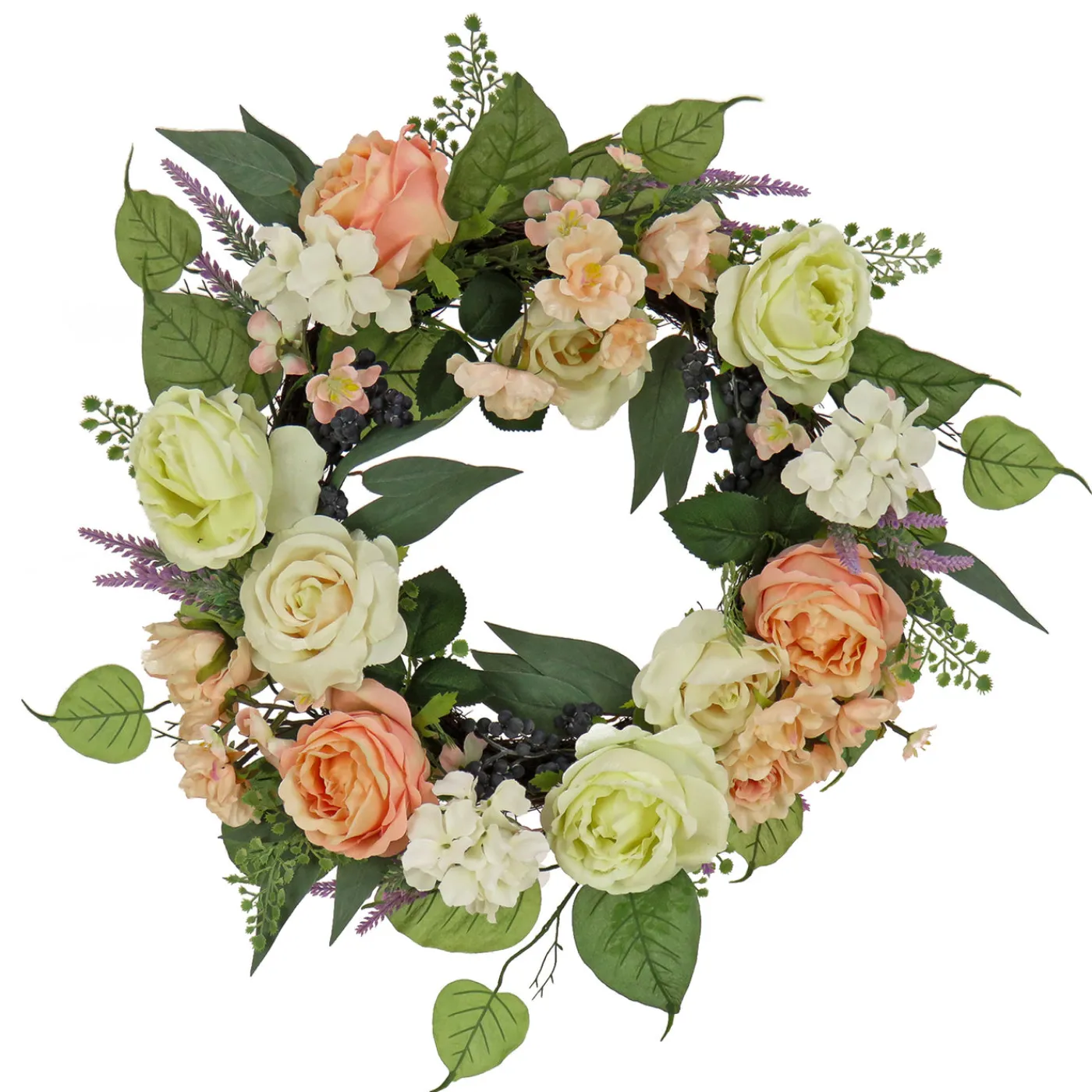National Tree Company 24 in. Spring Wreath with Rose and Peony Flower Blooms, Leafy Greens