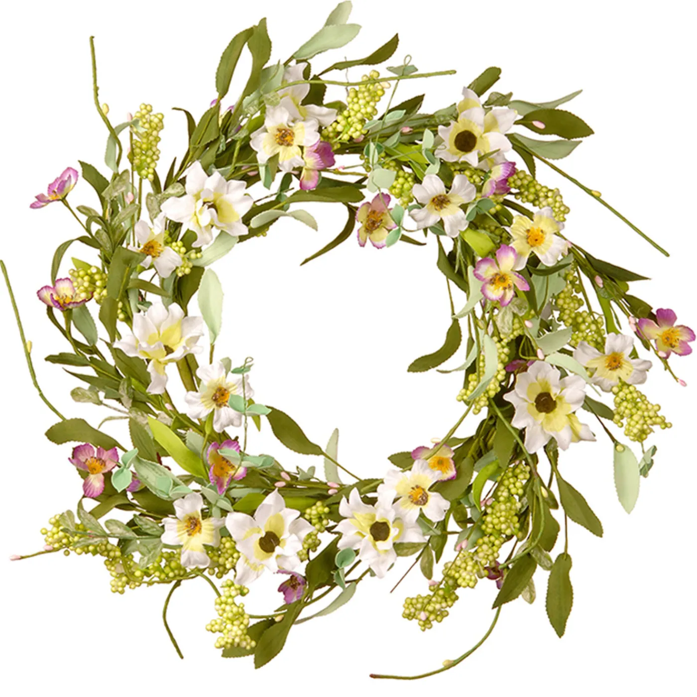 National Tree Company 20 in. Spring Wreath with White and Purple Mixed Flower Blooms, Flowing Green Stems, Seed Pods