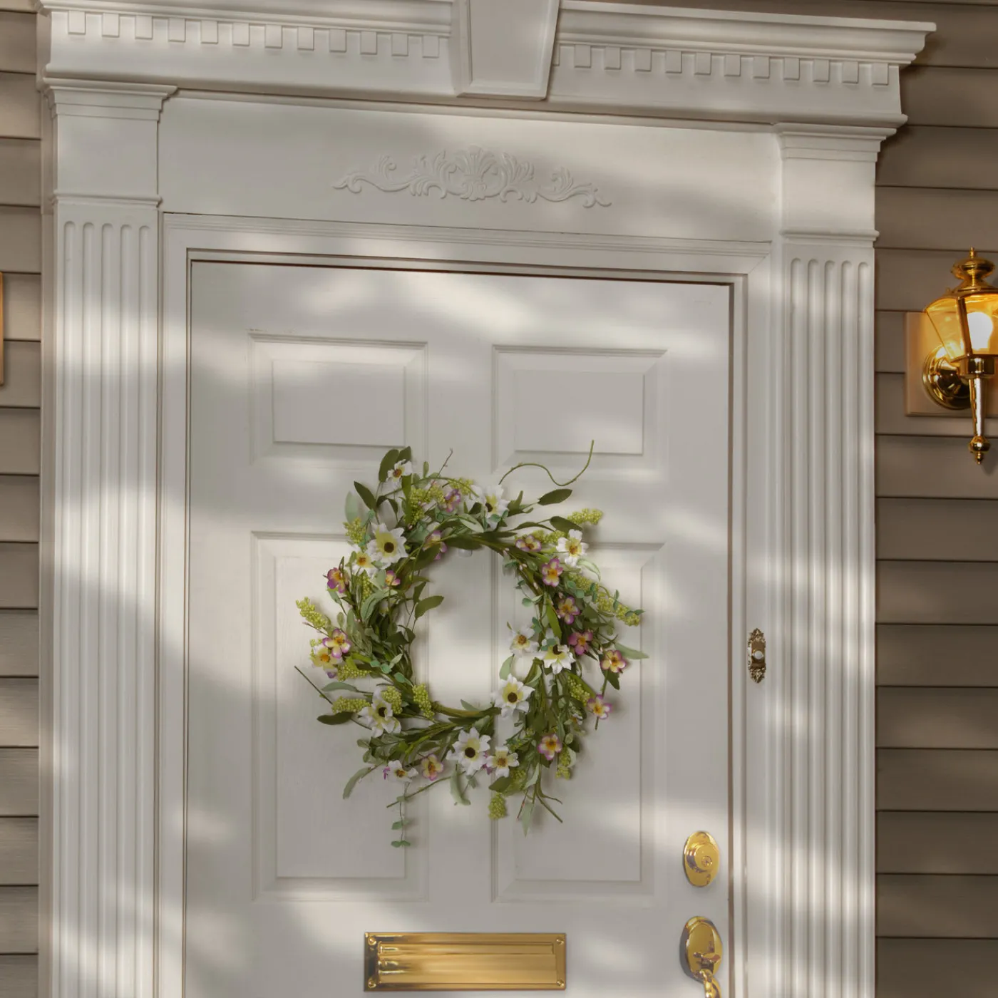 National Tree Company 20 in. Spring Wreath with White and Purple Mixed Flower Blooms, Flowing Green Stems, Seed Pods