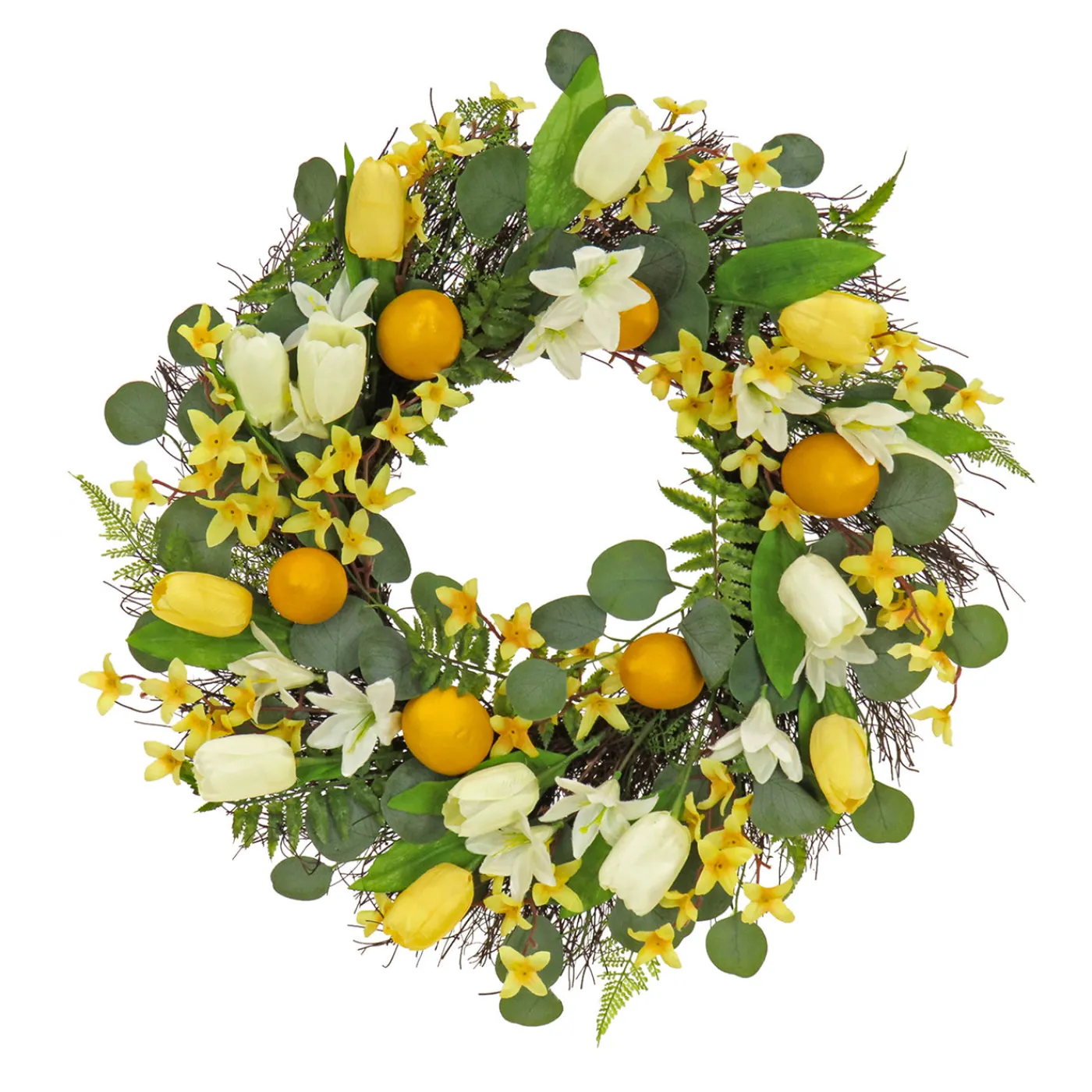 National Tree Company 22 in. Spring Wreath with Yellow Tulip Blooms, Lemons, and Forsythia Flower Blossoms