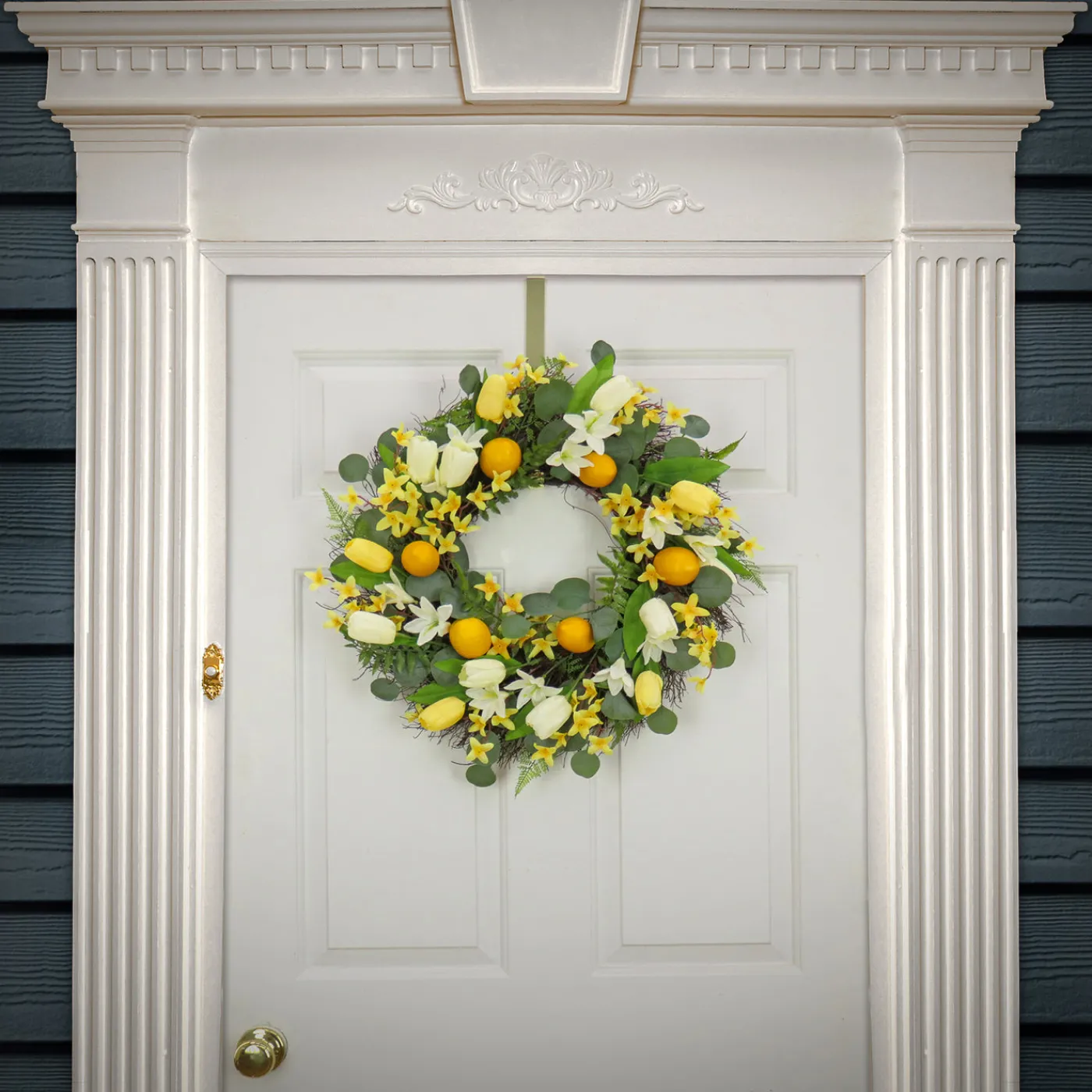 National Tree Company 22 in. Spring Wreath with Yellow Tulip Blooms, Lemons, and Forsythia Flower Blossoms