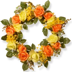 National Tree Company 20 in. Spring Wreath with Yellow and Orange Rose Blooms, Seed Pods, Berry Clusters, Leafy Greens