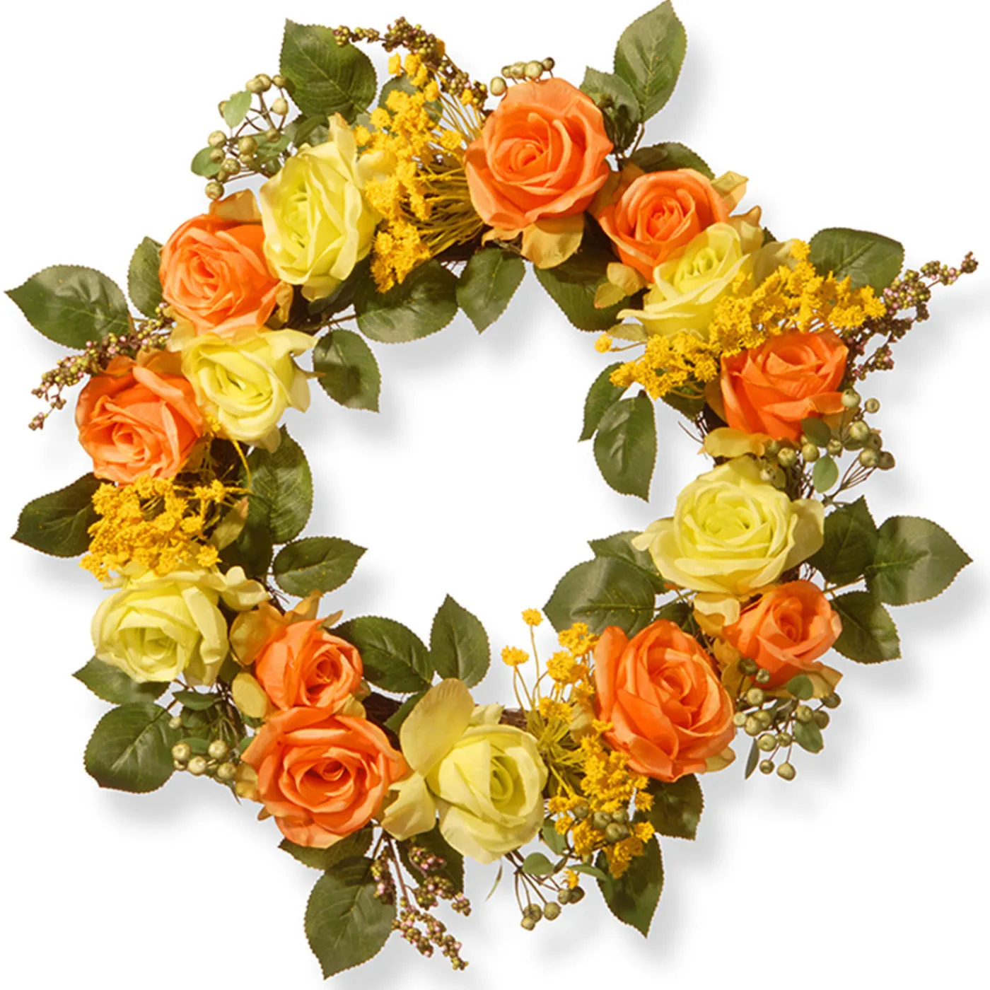 National Tree Company 20 in. Spring Wreath with Yellow and Orange Rose Blooms, Seed Pods, Berry Clusters, Leafy Greens