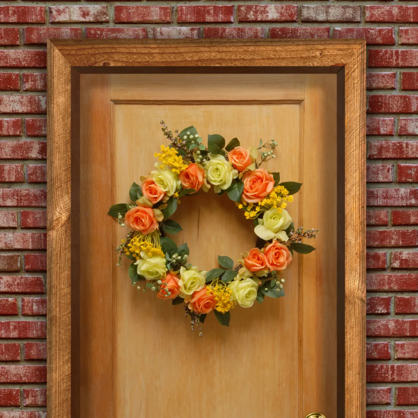 National Tree Company 20 in. Spring Wreath with Yellow and Orange Rose Blooms, Seed Pods, Berry Clusters, Leafy Greens