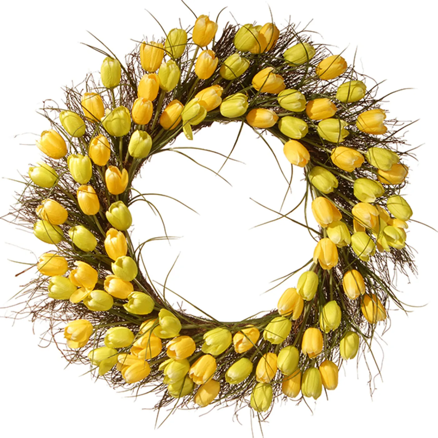 National Tree Company 32 in. Spring Wreath with Yellow Tulip Blooms, Flowing Green Stems