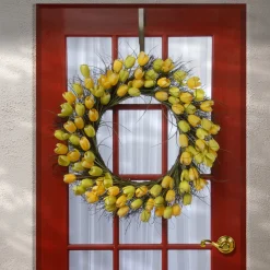 National Tree Company 32 in. Spring Wreath with Yellow Tulip Blooms, Flowing Green Stems