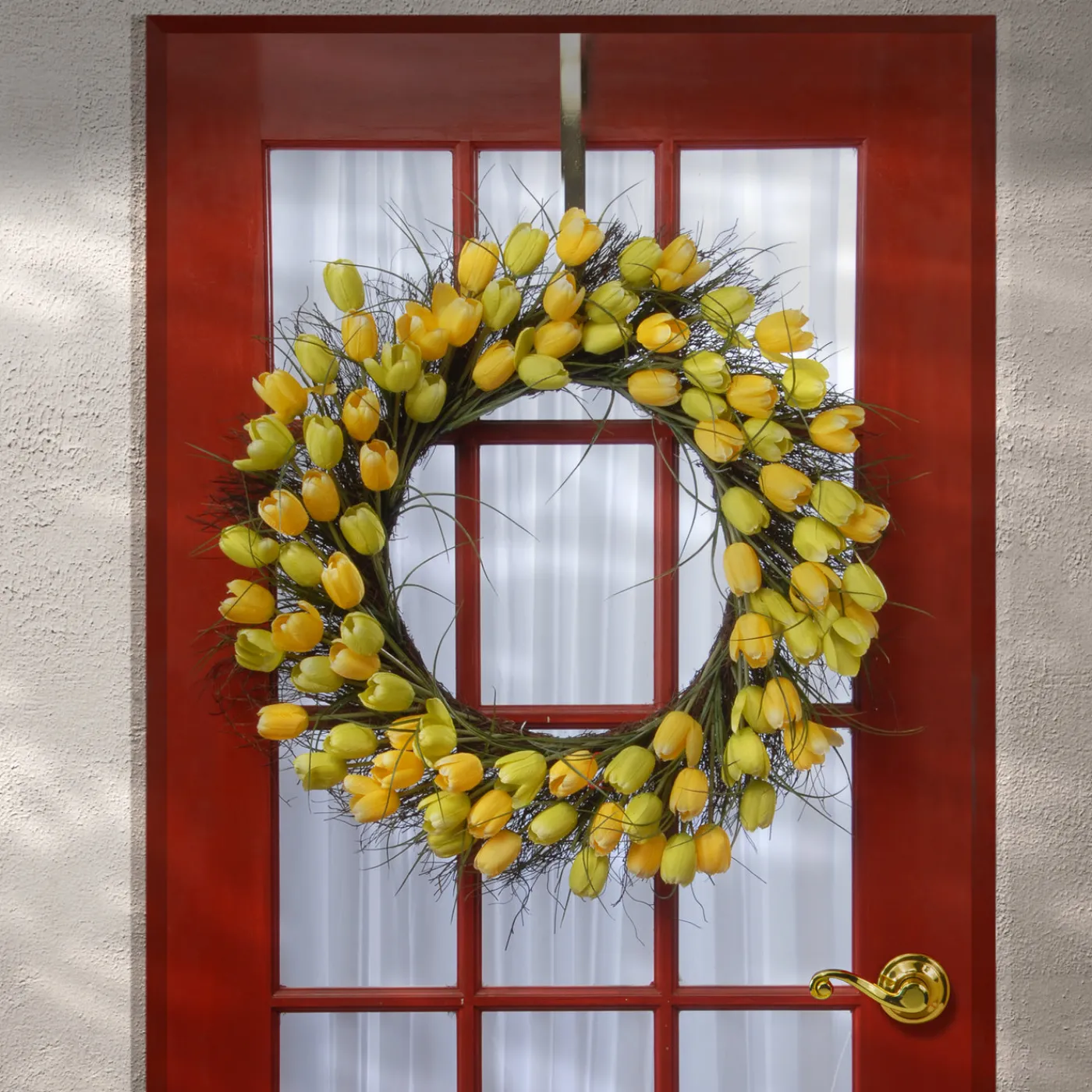 National Tree Company 32 in. Spring Wreath with Yellow Tulip Blooms, Flowing Green Stems