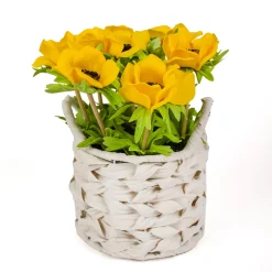 National Tree Company 10 in. Spring Yellow Anemone Flower Bouquet in White Basket