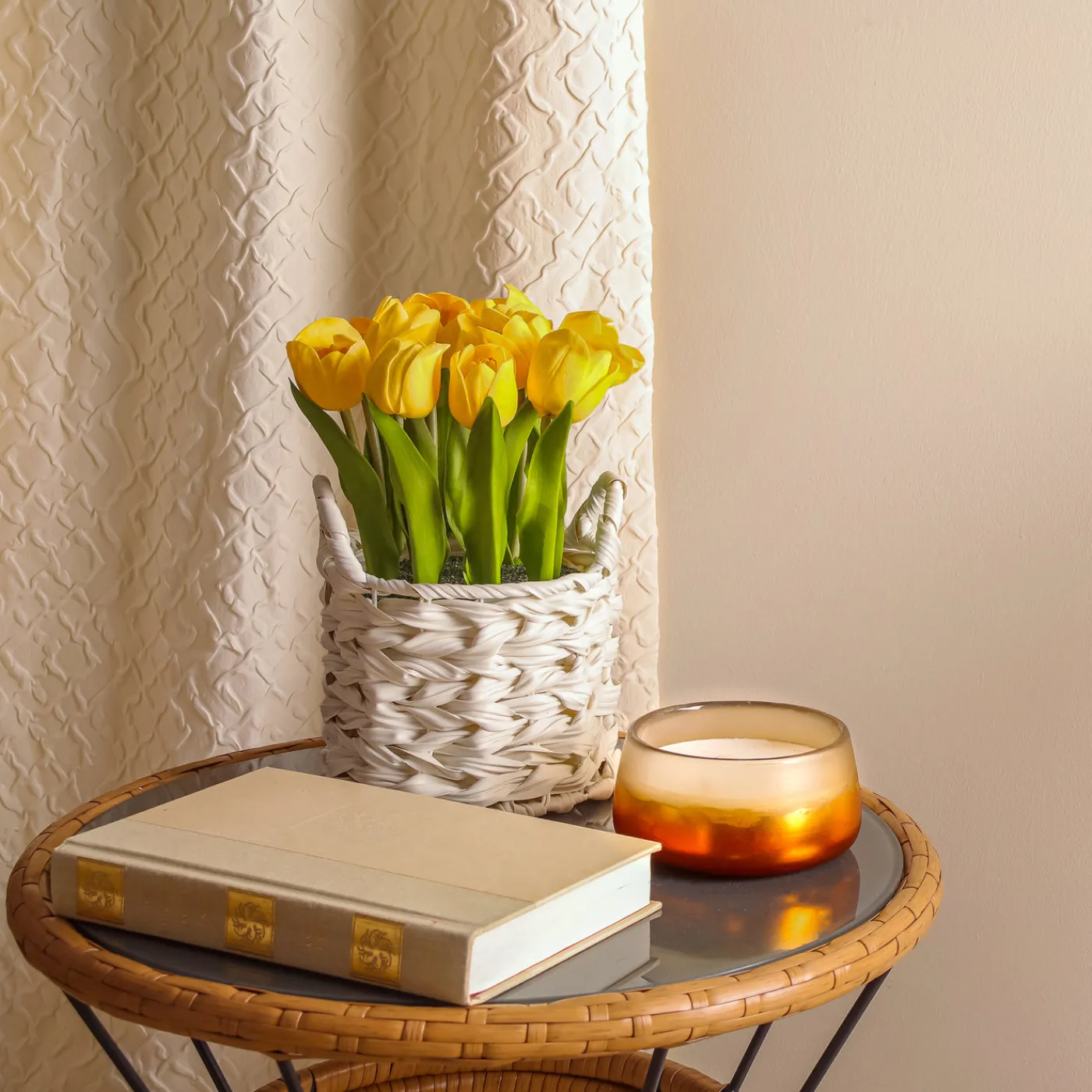 National Tree Company 10 in. Spring Yellow Tulip Bouquet in White Basket