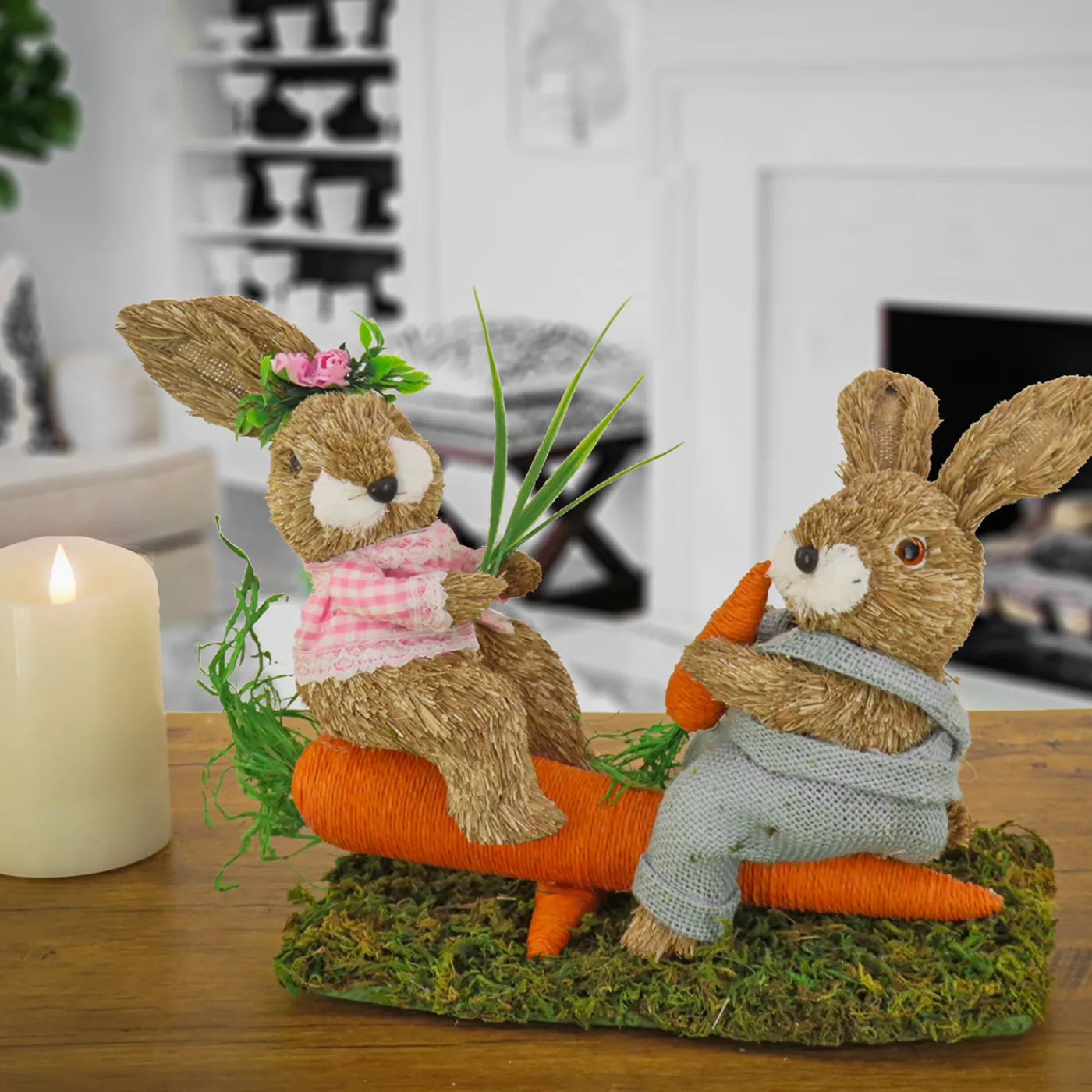 National Tree Company 14 in. Two Bunnies on Carrot Seesaw Table Decoration