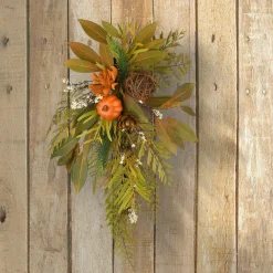 National Tree Company 26 in. Wall Flower Swag Fall Decoration with Fern Fronds, Leaves, Pumpkins, Twig Cones