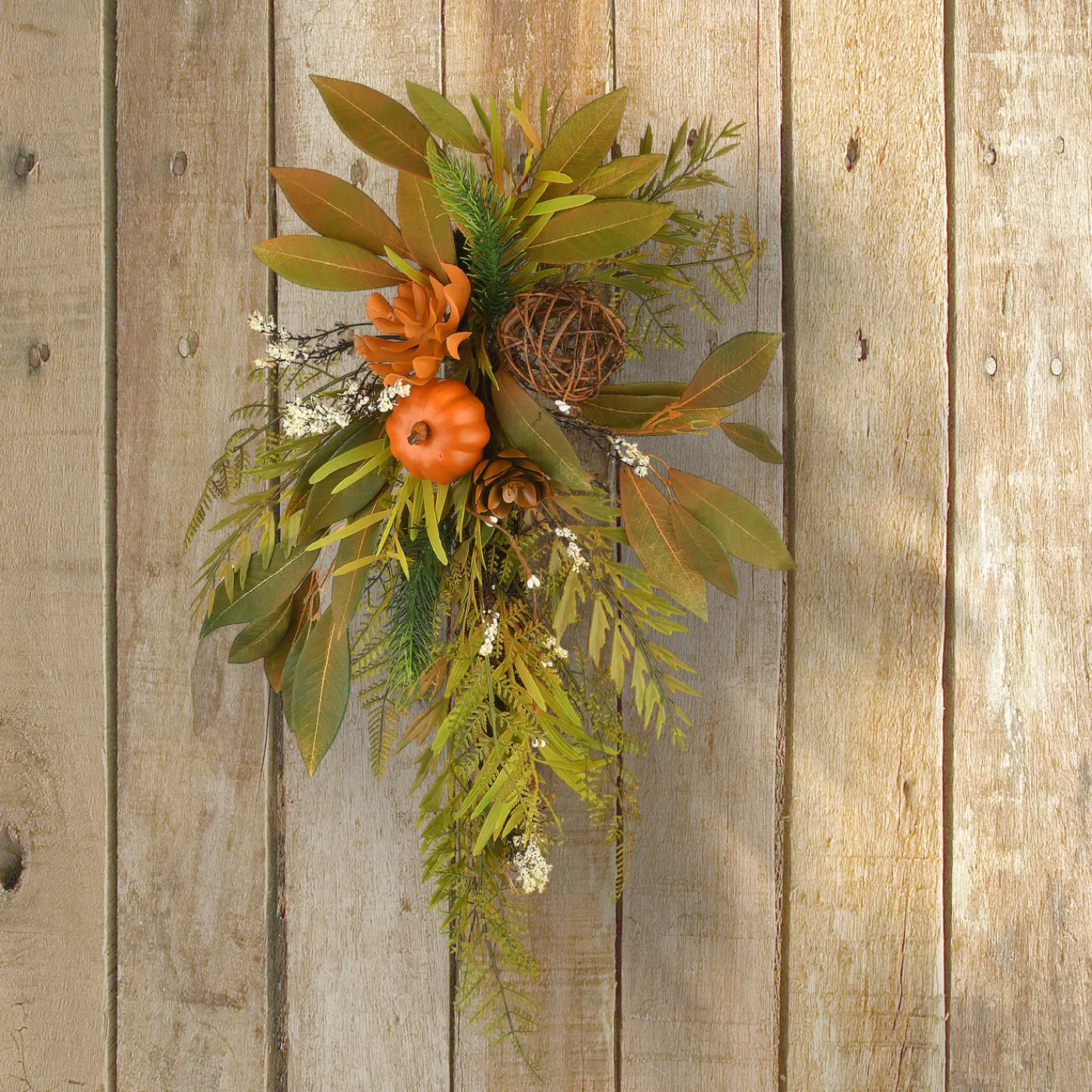 National Tree Company 26 in. Wall Flower Swag Fall Decoration with Fern Fronds, Leaves, Pumpkins, Twig Cones