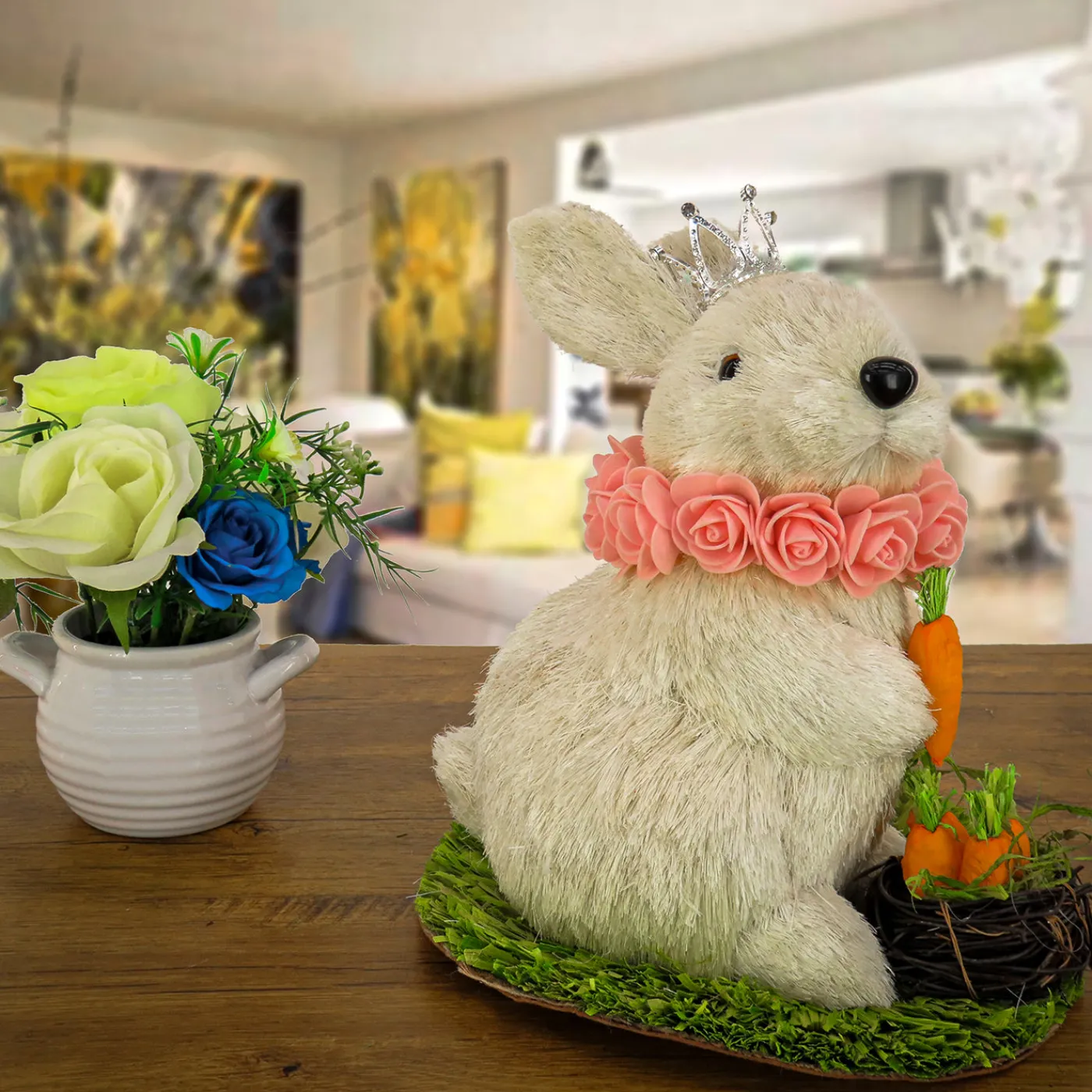 National Tree Company 12 in. White Easter Bunny with Crown Holding Carrot Table Decoration