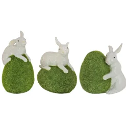 National Tree Company 7 in. White Easter Rabbit Figures on Green Moss Covered Eggs, Set of 3
