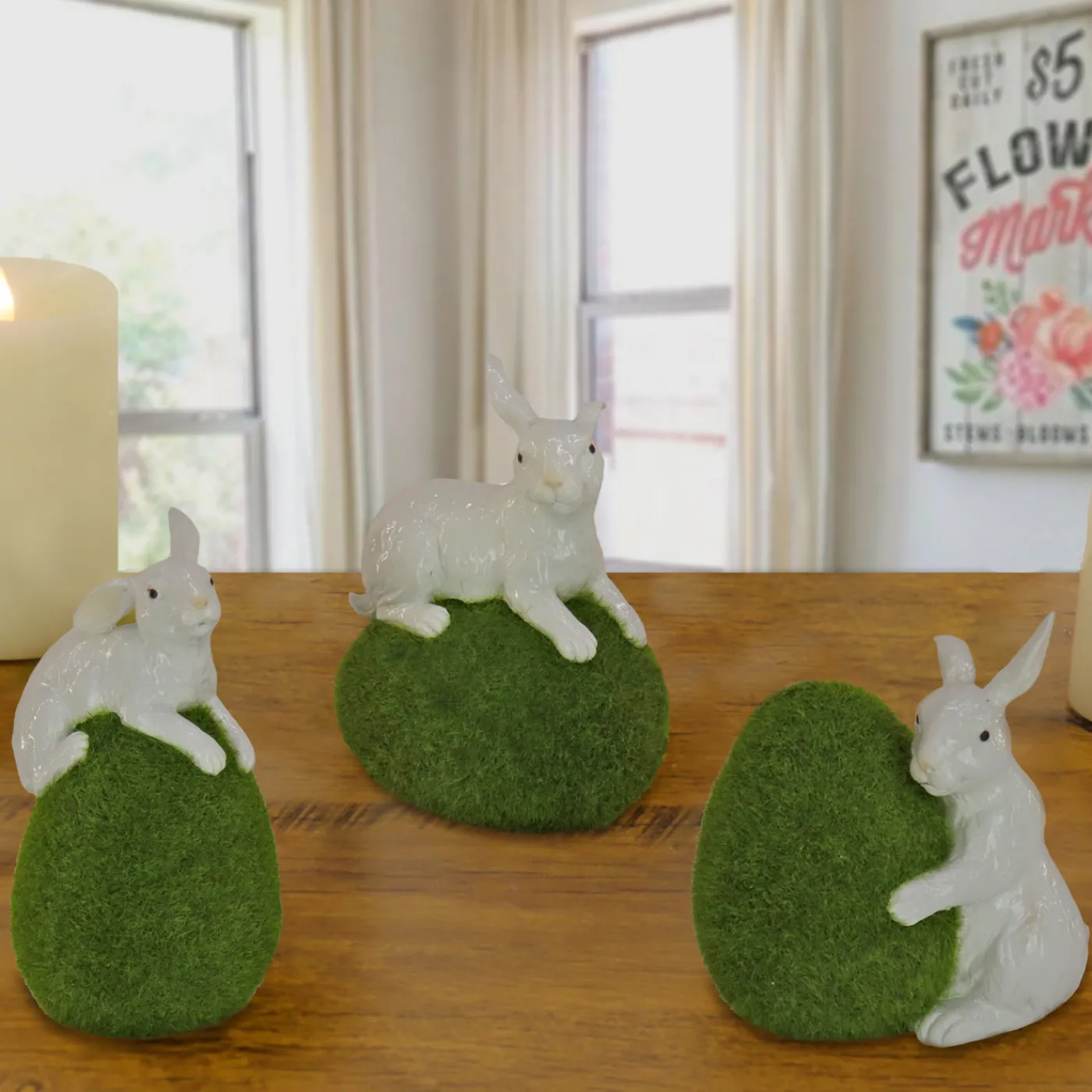 National Tree Company 7 in. White Easter Rabbit Figures on Green Moss Covered Eggs, Set of 3