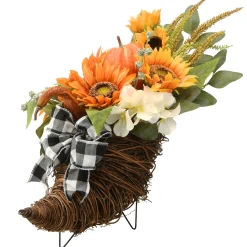 National Tree Company 20 in. Wicker Cornucopia Basket Decoration with Pumpkins, Sunflower Blooms, Assorted Leaves