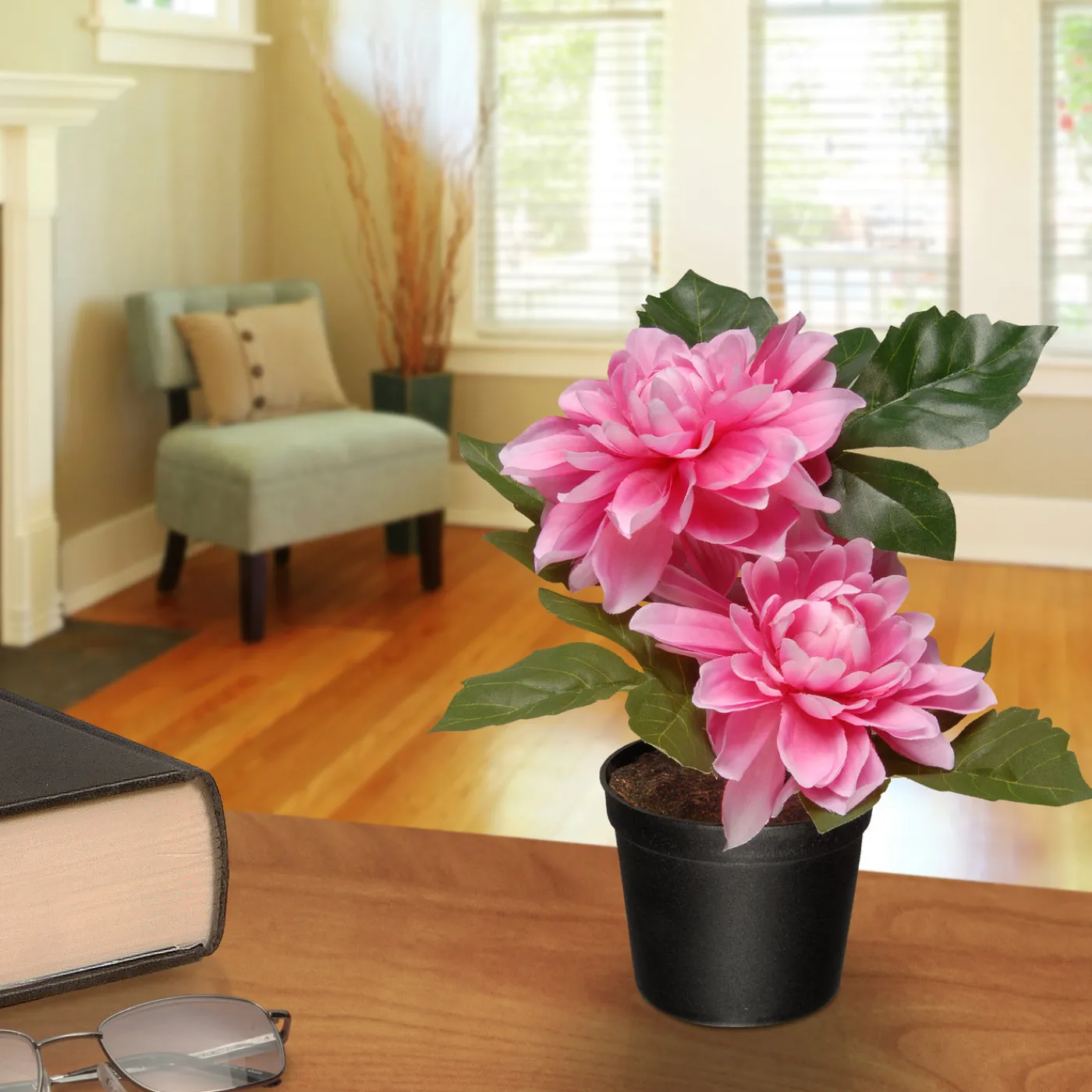 National Tree Company Artificial Potted Flowers, Pink Dahlias, Includes Black Pot Base, Spring Collection, 7 Inches