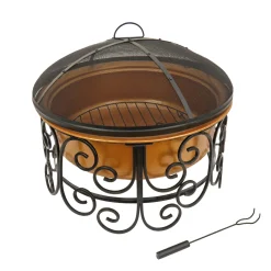 National Tree Company 30in. Copper Finish Steel Outdoor Fire Pit with Ornate Black Stand, Screen Cover, Fire Poker