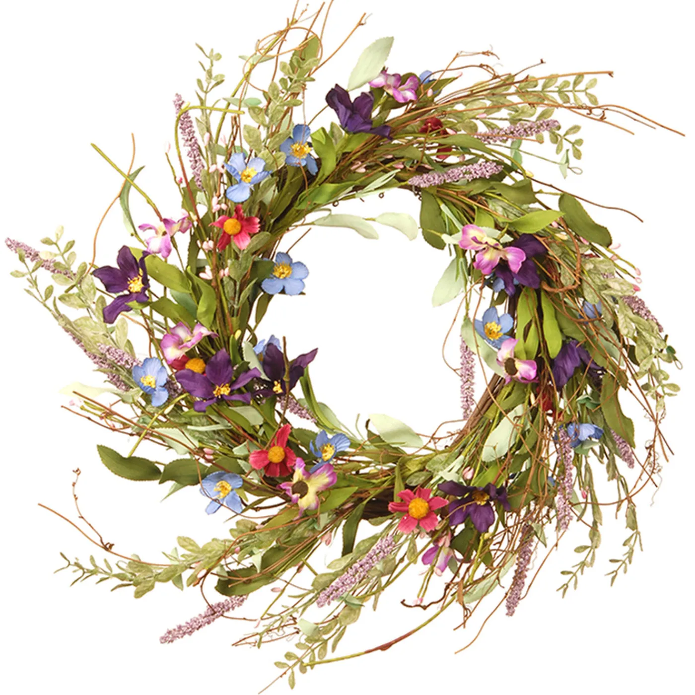 National Tree Company 20in. Spring Wreath with Blue, Red and Pink Mixed Flower Blooms, Flowing Green Stems, Seed Pods