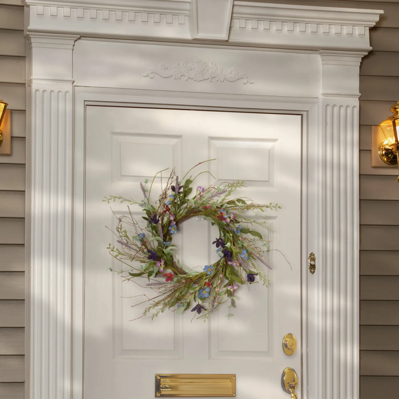National Tree Company 20in. Spring Wreath with Blue, Red and Pink Mixed Flower Blooms, Flowing Green Stems, Seed Pods