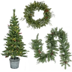 National Tree Company Pre-Lit Buzzard Pine Assortment Set of 1 Entrance Tree, 1 Wreath, 1 Garland