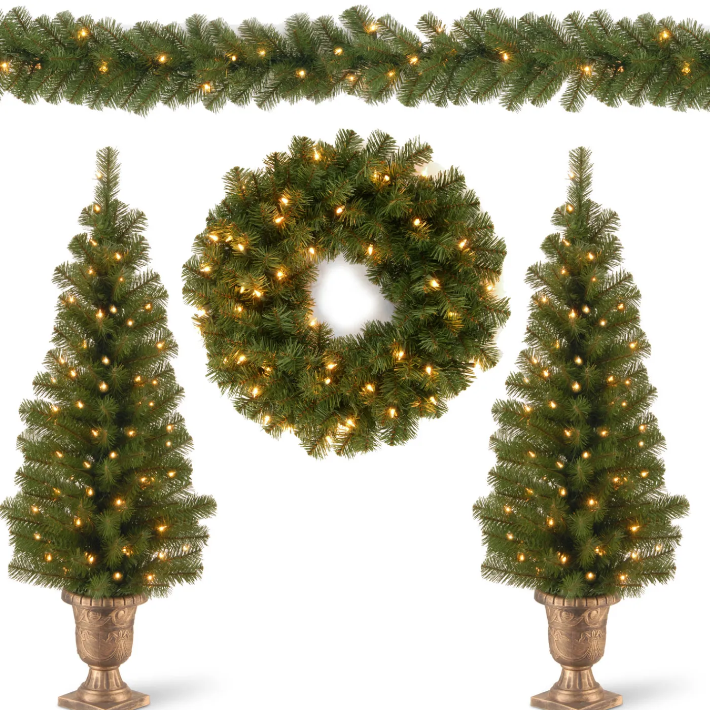 National Tree Company Pre-Lit Evergreen Assortment Set of 2 Entrance Trees, 1 Wreath, 1 Garland