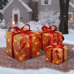 National Tree Company Pre-Lit Gold Gift Box with Red Bow, Set of Three, White Lights