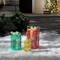National Tree Company Pre-Lit Multicolor Gift Boxes, Set of Three, White Lights