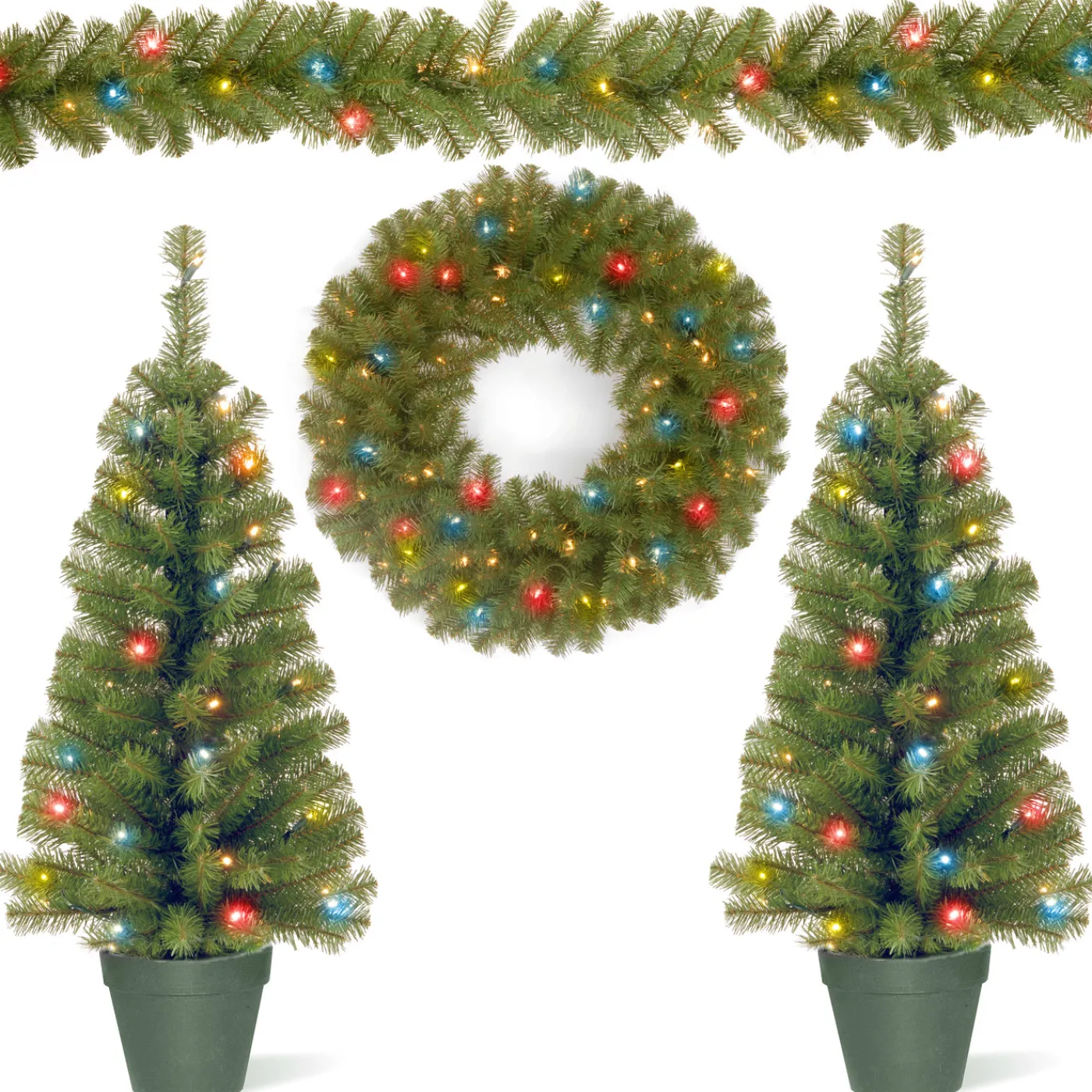 National Tree Company Pre-Lit Promotional Green Assortment Set of 2 Entrance Trees, 1 Wreath, 1 Garland