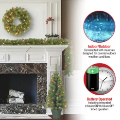 National Tree Company Pre-Lit Promotional Green Assortment Set of 2 Entrance Trees, 1 Wreath, 1 Garland