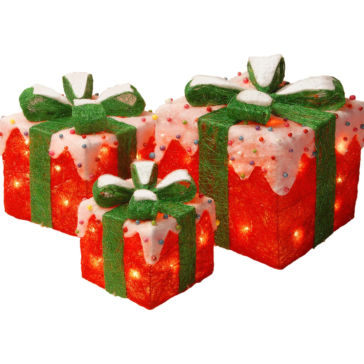 National Tree Company Pre-Lit Red and White Gift Boxes, Set of Three, White Lights
