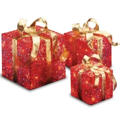 National Tree Company Pre-Lit Red Gift Box with Gold Bow, Set of Three, White Lights