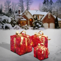 National Tree Company Pre-Lit Red Gift Box with Gold Bow, Set of Three, White Lights