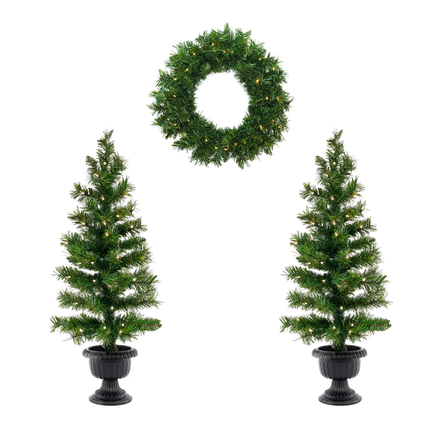 National Tree Company Pre-Lit Warm Welcome Assortment Set of 2 Entrance Trees, 1 Wreath