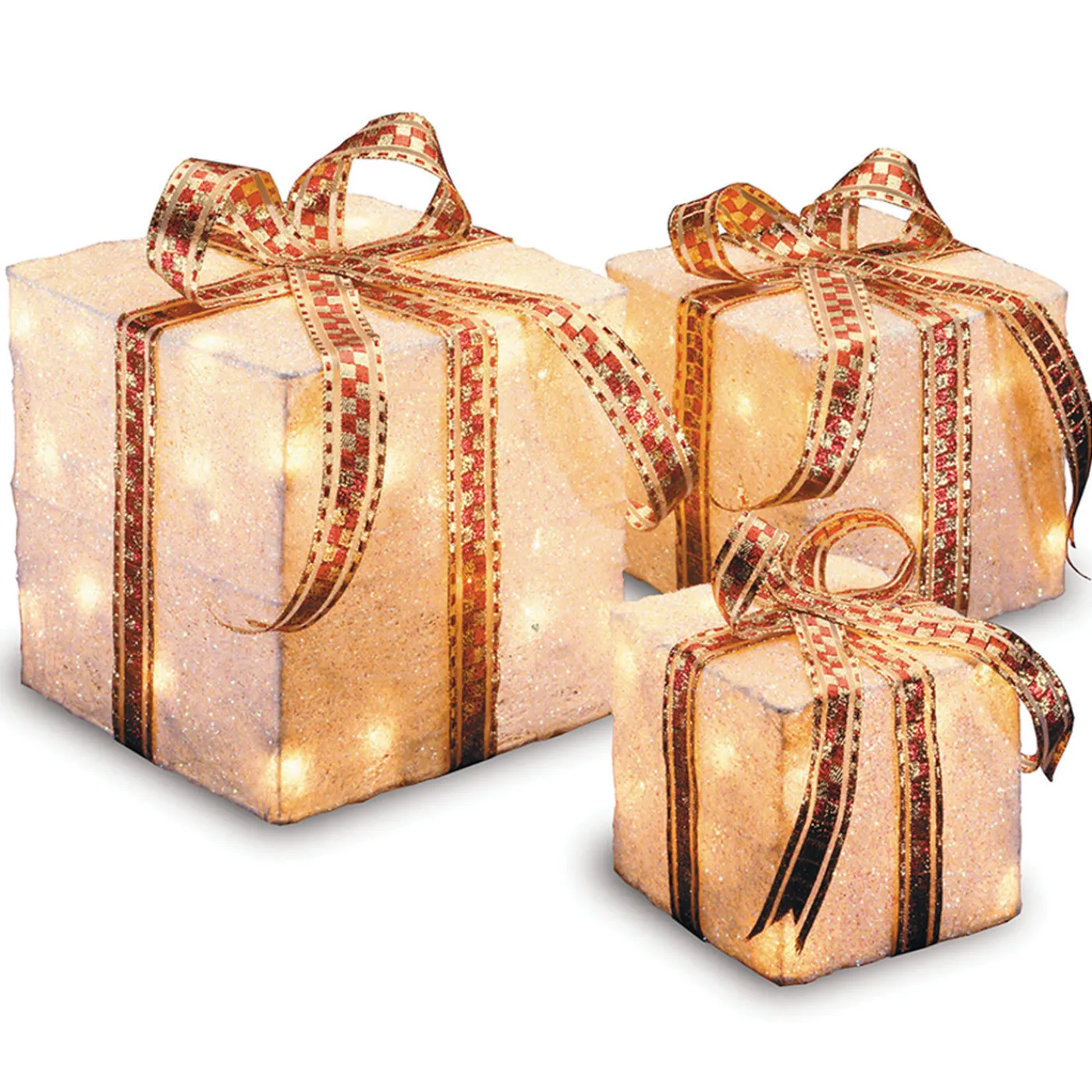 National Tree Company Pre-Lit White and Gold Gift Boxes, Set of Three, White Lights