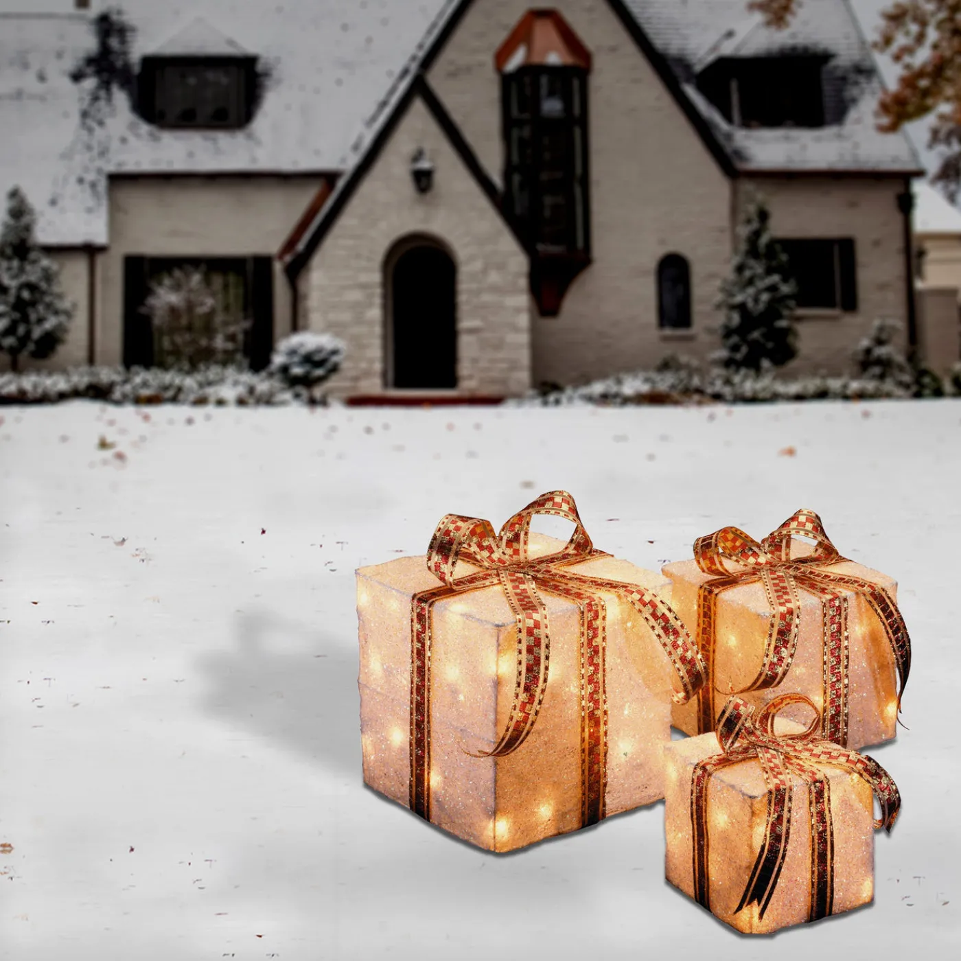 National Tree Company Pre-Lit White and Gold Gift Boxes, Set of Three, White Lights