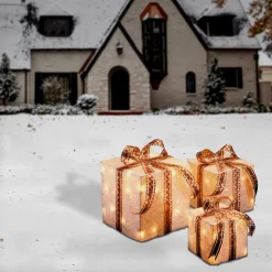 National Tree Company Pre-Lit White and Gold Gift Boxes, Set of Three, White Lights